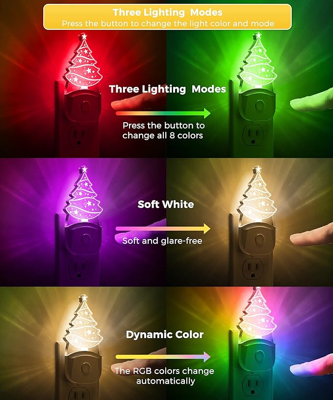 L LOHAS LED Christmas Night Light for Kids[2 Pack], Night Lights Plug into Wall, Dusk to Dawn, RGB & Color Changing & Soft White 3000K, Christmas Décor LED Night Light Gift for Kids, Bedroom, Hallway