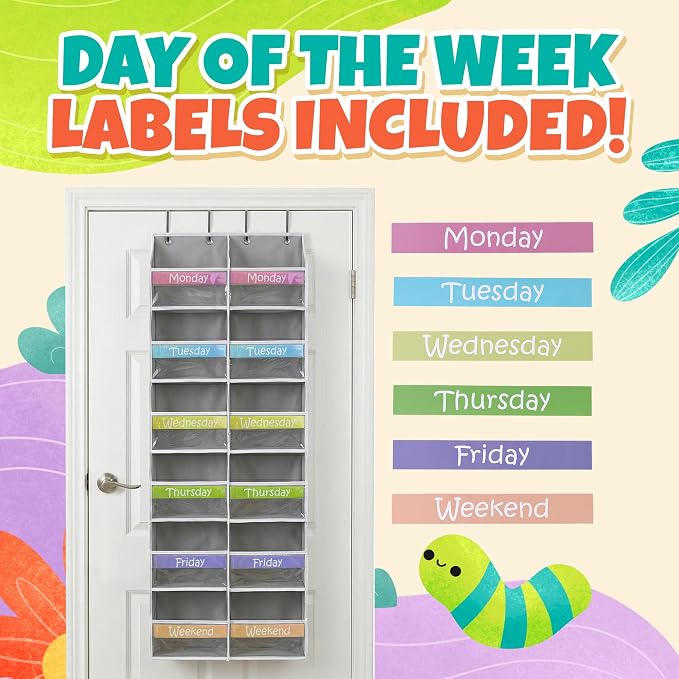 Housables Weekly Clothes Organizer for Kids, Days of the Week Clothes Organizer, Kids Closet, Daily Outfit Storage, Monday through Friday Clothing, Weekday, M-F, School, Hanging, Over Door, 12 Shelf