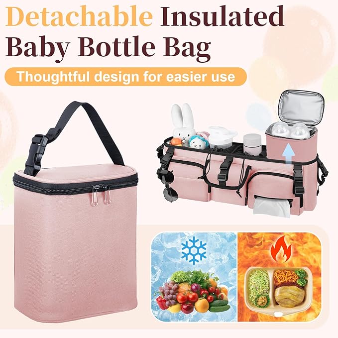 GDNasist Double Stroller Organizer Compatible with Bob Duallie and Baby Jogger City Mini GT2, Double Baby Stroller Accessories with Cooler Bag, Parent Console Double Jogging Stroller Caddy, Pink