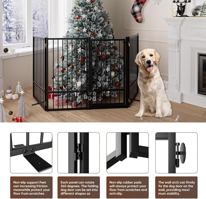 4 Panels Full Metal Freestanding Dog Gates with Door, 80” W x 36” H Folding Pet Gate Fence with Support Feet for Indoor,Stairs, Hallways and Doorways(Black)