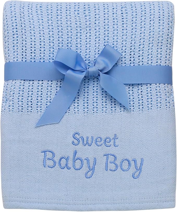 Cotton Knit Baby Blanket with Embroidery, Sweet Baby Boy, 30 in. x 40 in., Blue