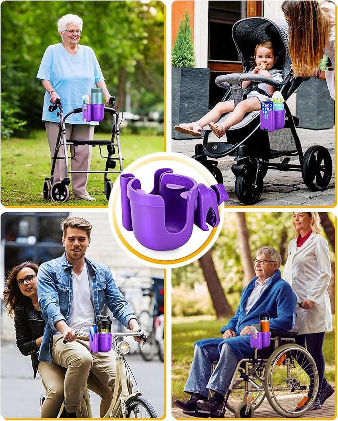 Universal Stroller Cup Holder with Mobile Phone Case, 2-in-1 Strollers Storage Rack, 360 Degrees Rotation Drink Holder for Bike, Pushchair, Wheelchair, Walker,Bicycle, Fits Most Cups (Purple)