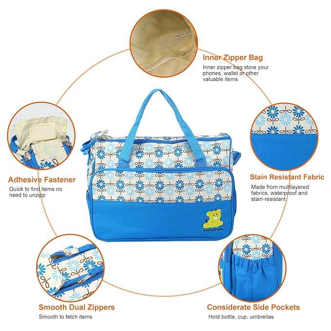 Moclever Diaper Bag Tote Set, 5PCS Baby Bags for Mom and Dad ??Large Maternity Travel Bag with Insulated Bottle Holder, Food Bag & Portable Changing Pad, Waterproof Baby Essentials Organizer (Blue)