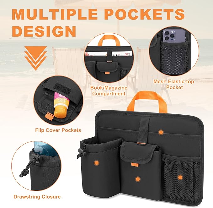 Beach Chair Cup Holders, Arm Organizer for Camping with 2 Self-Adhesive Fastener Strap, Hanging Bag Insulation with 4 Pockets, Camp Chair Accessories for Water Bottle, Magazine, Black, Patent Design