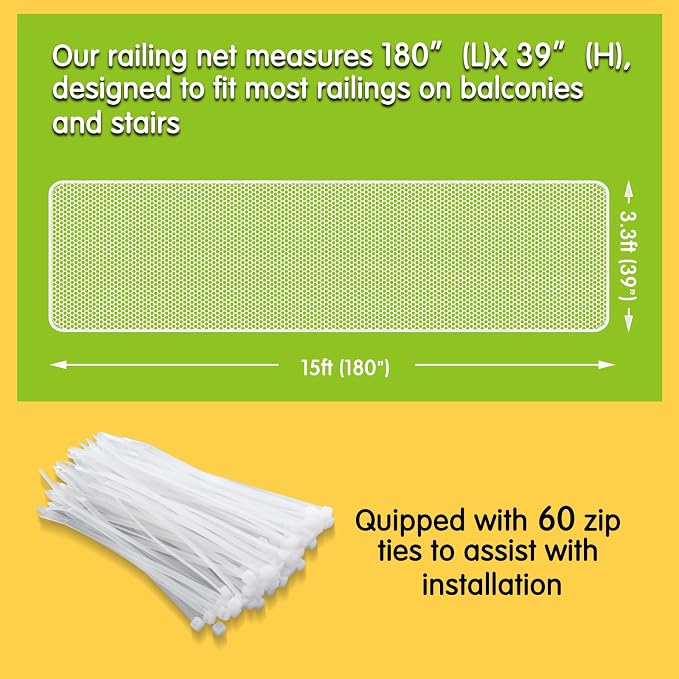 Cupount Banister Guard for Baby- 15ft x 3.3ft White Safety Mesh Netting for Pets and Kids - Stair Railing Cover for Home