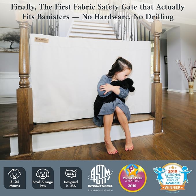 The Stair Barrier First Fabric Banister to Banister Baby Gates for Stairs 42”–52” Wide x 32” Tall– No Drill Baby Gate for Top or Bottom Staircase, Machine-Washable Climb Proof, Designed in USA, Cream
