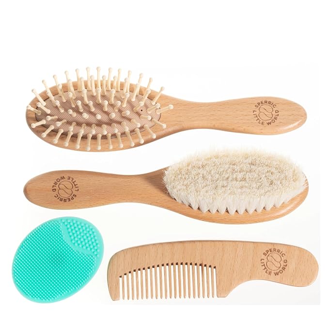 Baby Hair Brush and Comb Set for Newborn – Wooden Baby Brush with Soft Goat Bristle, Cradle Cap Brush for Newborns, Boys and Girls, Pink