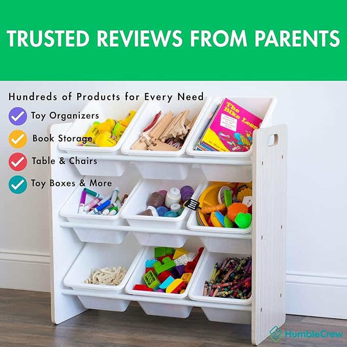 Humble Crew 9-Bin Toy Organizer ??Hampton Sandwashed with White Plastic Bins, 3-Tier Storage Solution for Kids' Playrooms and Nurseries