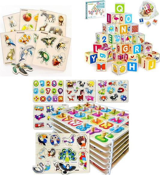 QUOKKA Multipack Kids Puzzles for Boys and Girls Wooden Alphabet, Numbers, Animals & ABC Learning Baby Blocks