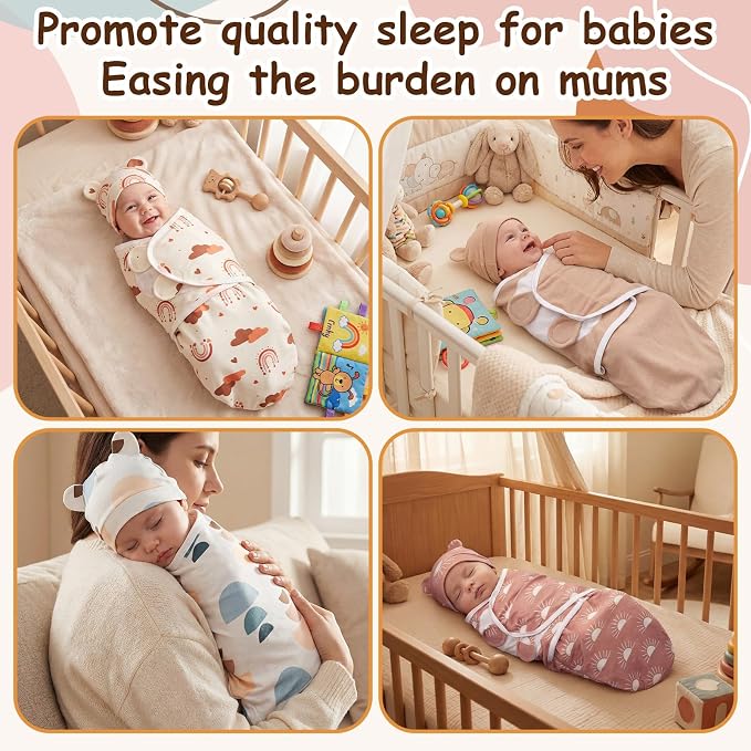 Ramede 6 Pack Swaddle Blanket with Hats for Baby Girl Boy 100% Cotton Swaddles 0-3 Months, Adjustable Breathable Skin Friendly Receiving Blanket Wrap, Essential for Newborns(Boho,Khaki)