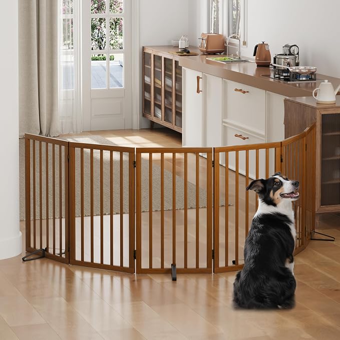 Dog Gates for Doorways, Tall Dog Gate Indoor, Foldable Pet Gates for Doorways Bedroom, Freestanding Puppy Gate with Metal Support Feet, Room Divider,6 Panels (Walnut)