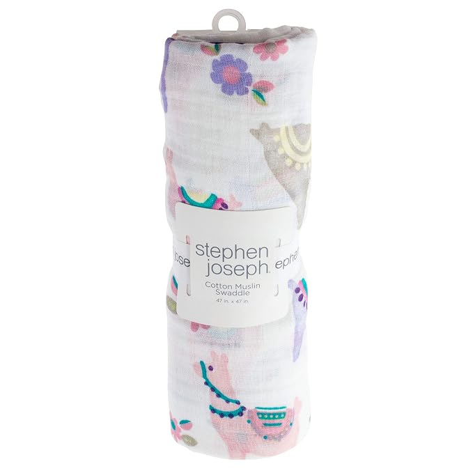 Stephen Joseph, Muslin Swaddle Blanket for Baby Girls and Boys, Newborn Receiving Swaddling, 100% Cotton Wrap, 47 x inches, Llama
