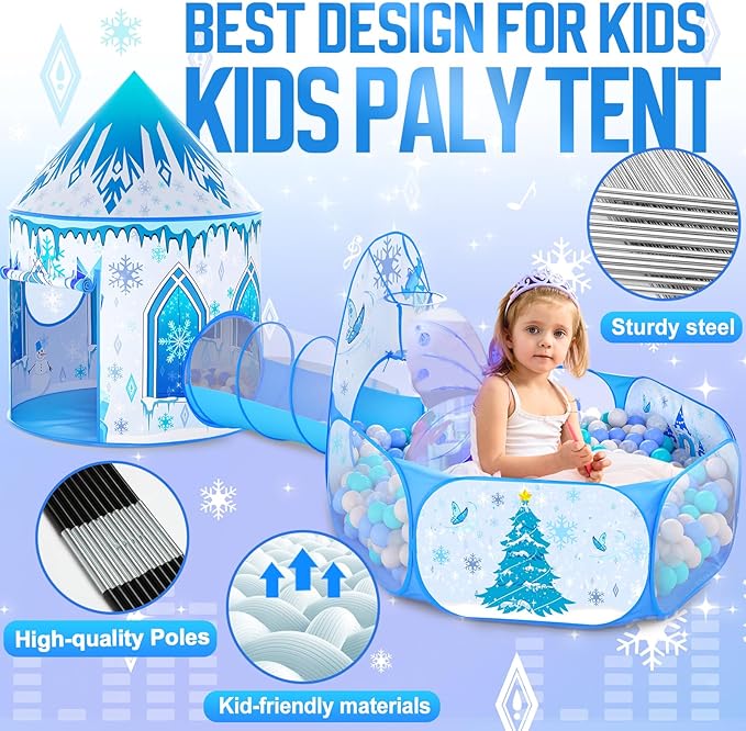 3 in 1 Girls Frozen Play Tent for Kids: Pop Up Baby Playhouse with Toddlers Crawl Tunnel, Ball Pit and Princess Castle Tent - Children Play Tent Frozen Toys Indoor and Outdoor Game for Birthday Gift