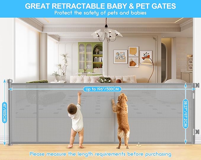 196 Inch Retractable Baby Gates Extra Wide, 41 Inch Reinforced Extra Tall Gate for Large Openings, Mesh Safety Gate for Kids Pets, Retractable Dog Gate for Pool Garages Doorway Indoor Outdoor, Gray
