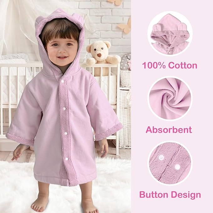 VOOVA & MOVAS Baby Hooded Towel with Bear Ear, 0-24Months | 100% Cotton,Low Lint, Ultra-Soft & Absorbent | Gentle for Sensitive Skin, Bath, Pool & Beach Towel | Newborn (Pink)