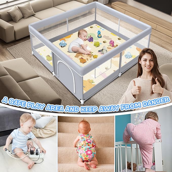XVISHX Baby Playpen with Mat, 50 x 50 Inch Play Pen Playards, Playpen for Babies and Toddlers, Baby Playard for Indoor & Outdoor Active Center Game Fence, Skin-Friendly Fabric and Soft Breathable Mesh