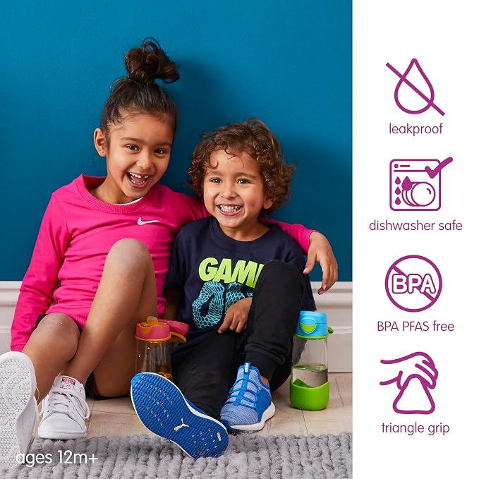b.box 15oz Sport Spout Kids Water Bottle for School, Sports, Daycare - No-Straw Design for Easy Cleaning - Leakproof - Ergonomic Triangle Grip - Dishwasher Safe, BPA Free, PFAS Free - Strawberry Shake