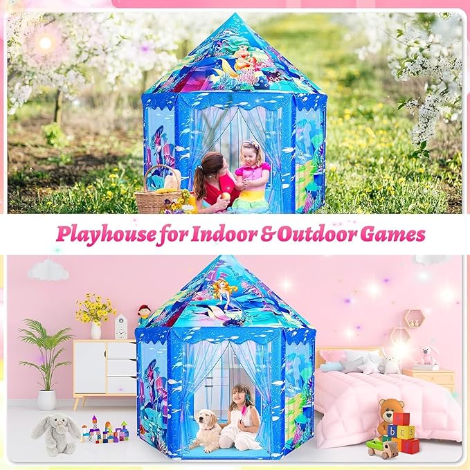 Mnagant Princess Mermaid Kids Play Tent - Large Playhouse for 3-12 Year Old Girls, Indoor Outdoor Castle Toy for Toddlers, 55'' x 53'' (DxH)