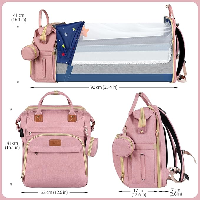 ZRSUN Diaper Bag Backpack with Portable Station & USB Port, Large Capacity Travel Baby Bag with Changing Pad, Waterproof Multi-Function Maternity Backpack for Mom & Dad (Pink)