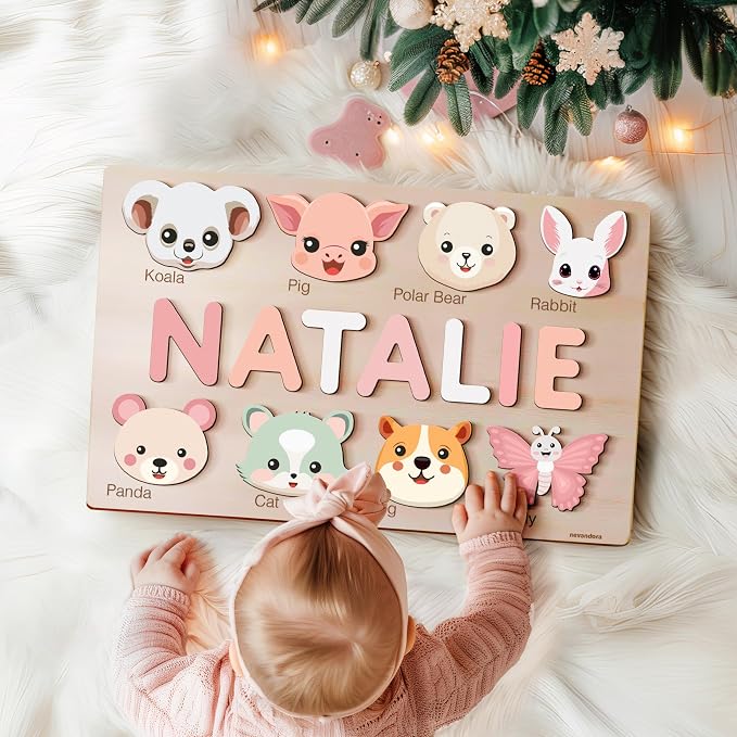 Custom Baby Name Puzzle with Animals, Baby Girl and Boy Gift, Personalized Puzzles for Toddlers, 3 6 9 12 15 18 24 36 Months Toy, Custom Babys Gift, Boy and Girl Personalized Wood Toy