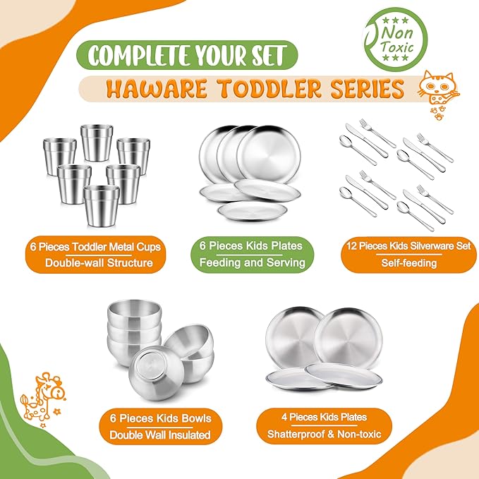 HaWare 8 Pieces Toddler Utensil Sets, Stainless Steel Kids Silverware Set Includes Toddler Forks and Spoons, Kids Safe Cutlery Set for Self Feeding, Cute Animal Handle Pattern, Dishwasher Safe