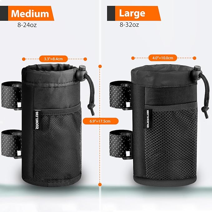 Belinous 2 Pack UTV Cup Holder for 8-32oz Bottles, Roll Bar Water Bottle Holder for UTV Wheelchair Walker Bike e-Bike Golf Cart Scooter and Boat, Drink Holder with Net Pockets and Hook and Loop Straps