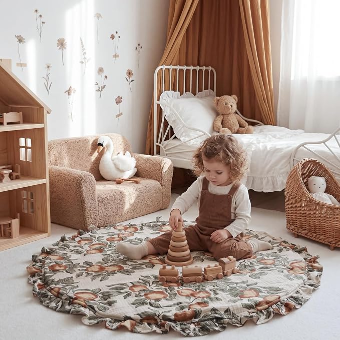 Wooden Baby Play Gym with Apple & Leaf Print Play Mat, Baby Gym with 5 Sensory Toys, Foldable Baby Activity Center Play Gym Frame for Newborn Infant Shower Gift