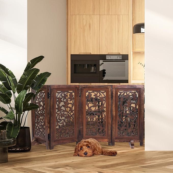 Folding Dog Gate for Indoor Use, 4 Panel Free Standing Wooden Pet Barrier, 56x28 Inch Decorative Lucy Design Dog Fence for Doorway, Stairs, or Hallway, Natural Burnt