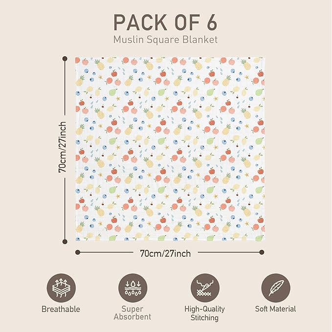 GLLQUEN BABY Receiving Blanket Boy Cotton Muslin Swaddle Blankets Girl Newborn Squares Breathable & Soft Thin Baby Blankets Cloths Double Absorbent Infant Swaddling Wrap - 6 Pack (Azure Berry Dream)