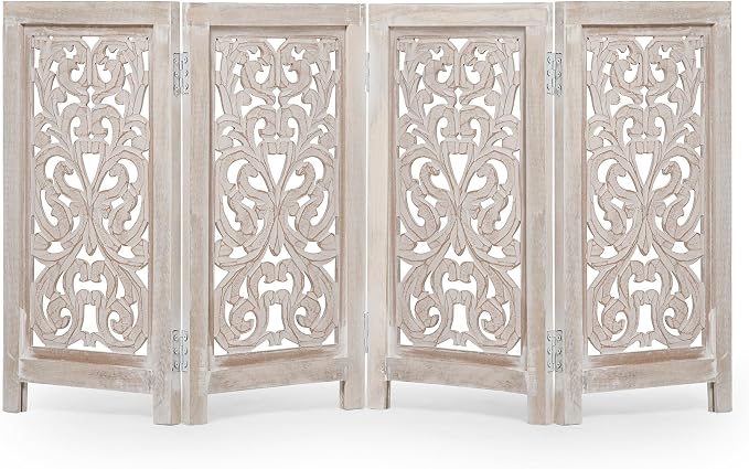 Decorative Wooden Pet Gate, Dog Fence, Cat Gate, Foldable, Adjustable, Portable, Extra-Wide, Wooden Dog Barrier, Free-Standing Puppy Gate 4 Panels for Indoor, Doorways, Stairs-26x52 Inch White Wash