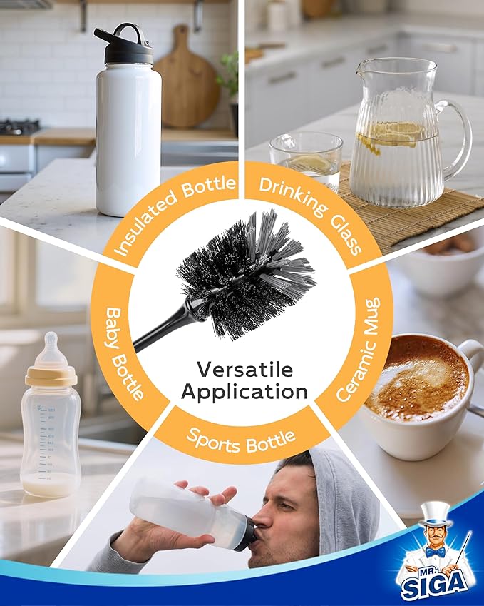 MR.SIGA Water Bottle Brush, Long Handle Bottle Brush for Water Glasses, Baby Bottles, Sports Bottles Cleaning, Black, 2 Pack
