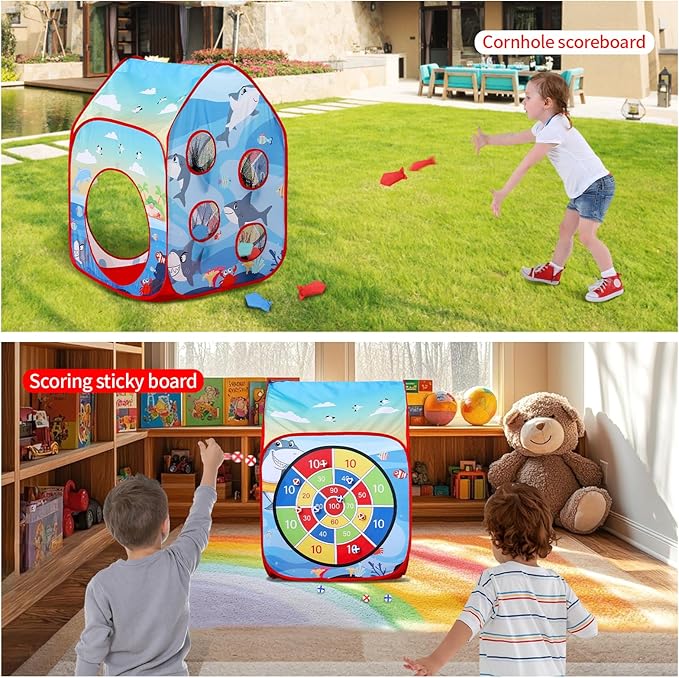 Shark Kid Play Tent Pop up Tent Play Tunnel Indoor and Outdoor Playhouse for Kid Beanbag Toss Game for Team Competition for boy with Tote Bag（Shark）