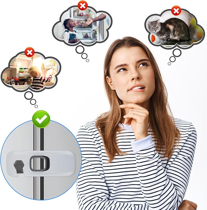 2PCS Fridge Locks for Kids with Sticky Adhesive Pads, Toddler Child Locks for Cabinets and Drawers, Child Safety Drawer Lock Baby Proofing, Children Lock for Door, Upright Freezer, Ovens