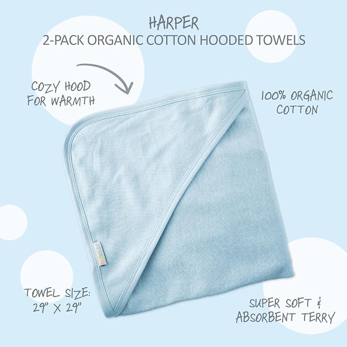 Butterblu Harper - 100% Organic Cotton Hooded Towels in Soft and Absorbent Baby Terry, 3-Pack, Blue, One Size
