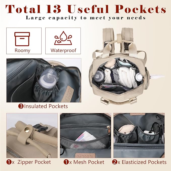 Diaper Bag Backpack Travel Baby Bag with Changing Pad,13 Pockets, Insulated Pockets,USB Charging Port,Baby Shower Essentials,Khaki