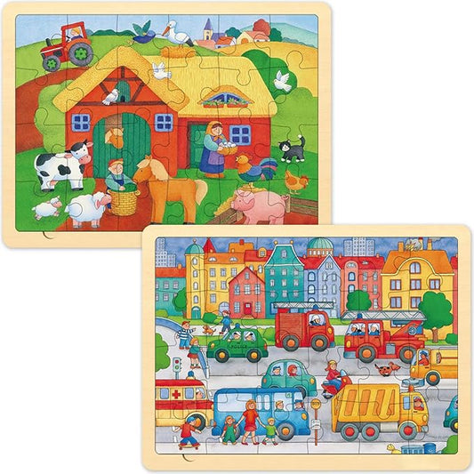 24 Piece Puzzles for Kids Ages 3-5 in 2 Designs with Picture Underneath, Unique Pieces Wooden Jigsaw Puzzle for 2 3 4 Year Old, Farm and Traffic Preschool Toddler Puzzles with Puzzle Tray