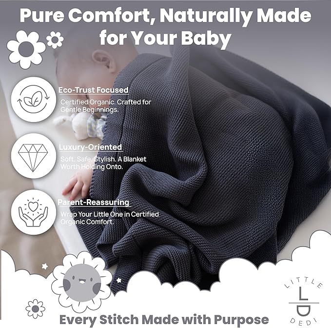 100% Organic Cotton GOTS Certified Baby Knitted Blanket with Gift Box - Soft Toddler, Crib, Stroller Blanket - Neutral Swaddle and Receiving Blanket for Newborns, 30"x40", Dark Grey