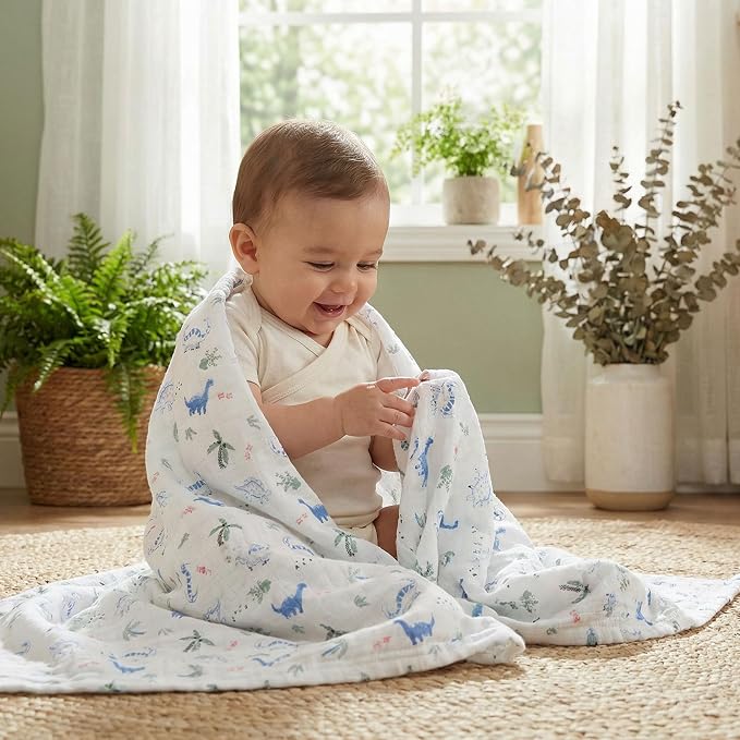 GLLQUEN BABY Muslin Swaddle Blankets 4-Pack Breathable Receiving Blankets (35" x 40") Soft Baby Blankets for Girls and Boys Newborn Essentials Muslin Burp Cloths Swaddle Wrap Baby Gift(Dinosaur)