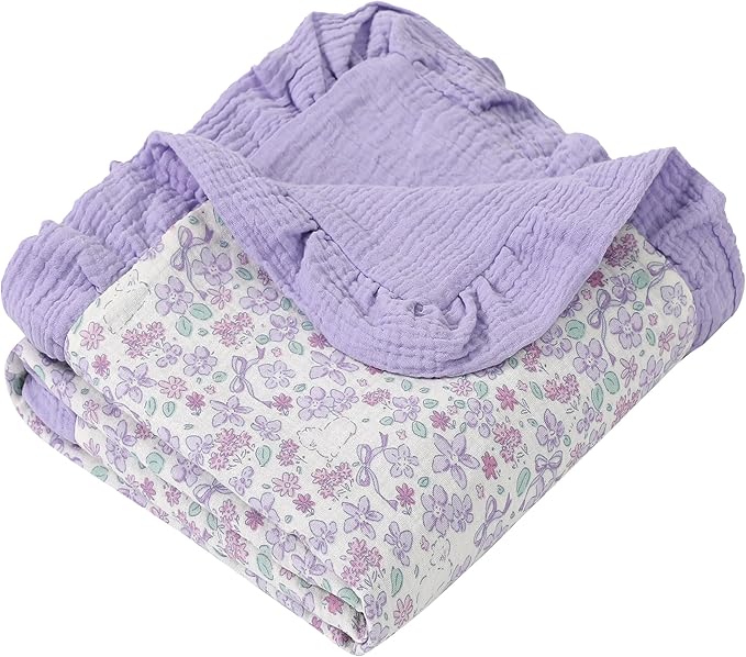 Muslin Toddler Blanket 43"x43" - 100% Cotton Super Soft Crib Blanket for Baby, Infant, Toddler & Baby Girl,Lightweight Nursing Cover & Breathable Stroller Blanket,Floral Design (Purple)