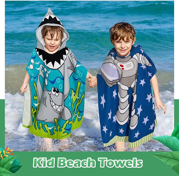 Chumia 3 Pack Kids Hooded Beach Poncho Towels Toddler Swim Pool Bath Towels with Hood Thicker Cotton Absorbent Cover up for Boys Girls Baby(47 x 24 Inch,Shark, Astronaut)
