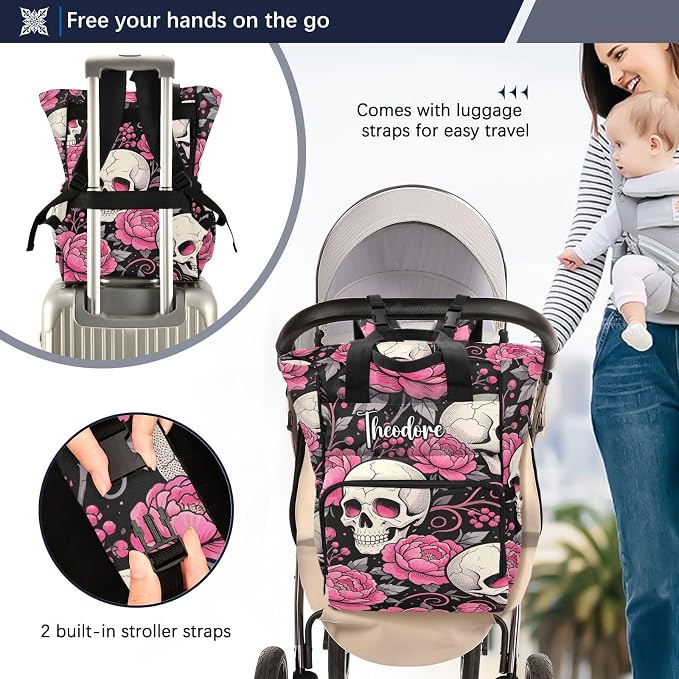 Personalized Skull Pink Flowers Diaper Bag Travel Large Cap Mom Dad