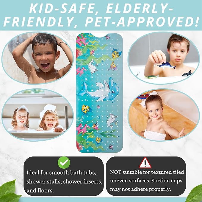 ENKOSI Bath Mat Long 40x16 – Non-Slip Bathtub Mat with Secure Suction Cups & Drain Holes with Fun Dolphin Design - Bathroom Shower Mat for Tub for Kids and Toddlers (Bath Dolphin)