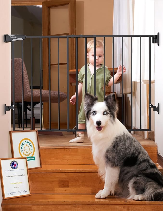 Babelio Baby Gate for Stairs, Kitchen & Doorways, No Bottom Bar| Easy Installation| One-Handed Operation| Auto-Close| Hardware Mount (Drill Needed) Safety Dog Gate (Black - B17, 29-49" W, 28" H)