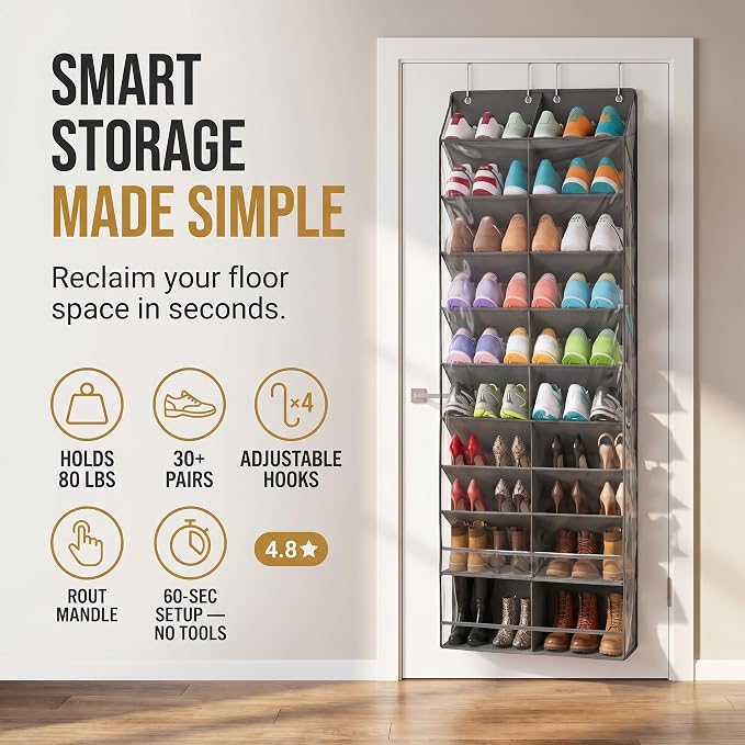 HOMELUX THEORY 10 Tier Hanging Shoe Organizer – Shoe Rack for Closet with Deep Pockets, Shoe Rack for Entryway, Over the Door Shoe Organizer for Closet for Boots & Sneakers (Dark Gray)