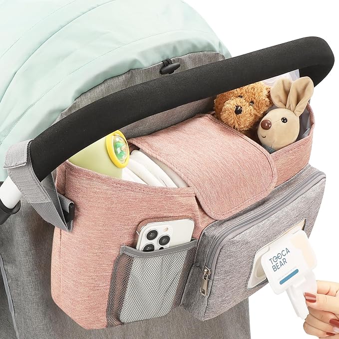 Accmor Universal Stroller Organizer with Insulated Cup Holder, Stroller Caddy Bag Accessories, Stroller Cup Holder Organizer for Uppababy Baby Jogger Britax Stroller, Pink