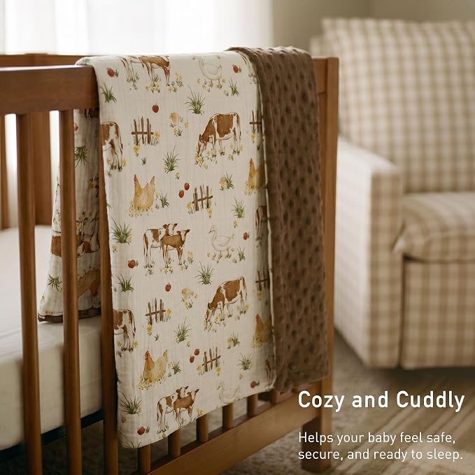 GLLQUEN BABY Blankets for Boys Girls, Soft Muslin Cotton Front Dotted Fleece Backing, Nursery Minky Crib Blanket for Infant Toddler, 30 x 40 inches Throw Blanket, Cow Farm