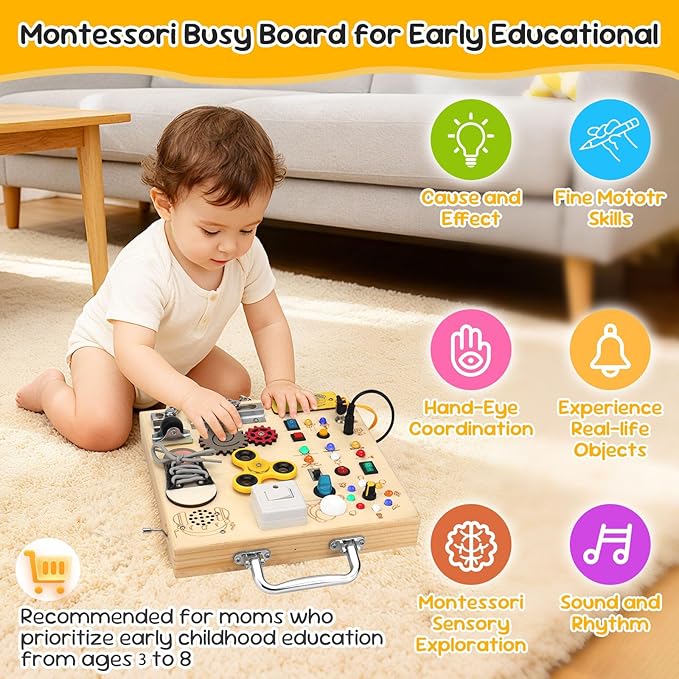 Wooden Busy Board with LED Light，Montessori Baby Learning Toys for Toddlers , Sensory Activity Board , Travel Educational Toy Boy & Girl Birthday Gift (Black Handle)