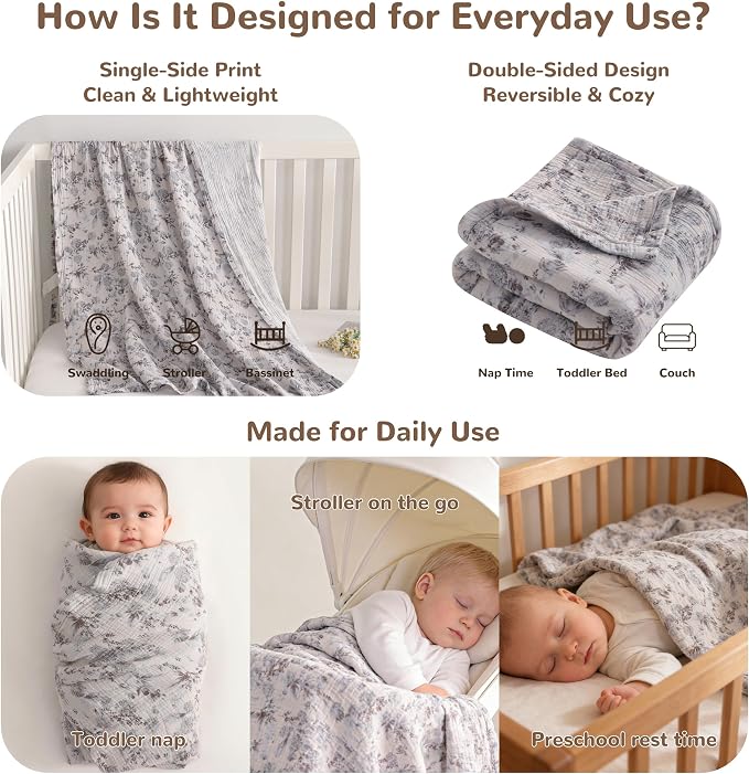 NTBAY Muslin Toddler Blanket, 4-Layer, 30x40 Soft and Breathable Receiving Blanket for Newborns and Infants, Crib Stroller Travel Use, Vintage Bloom