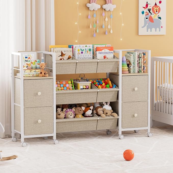 Kids Toy Organizers and Storage Bins - 7 Storage Bins + 4 Fabric Drawers + 2 Bookshelf, Playroom Storage, Mobile Cart Organizer for Toy, Clothes, Blankets and Books - Off White