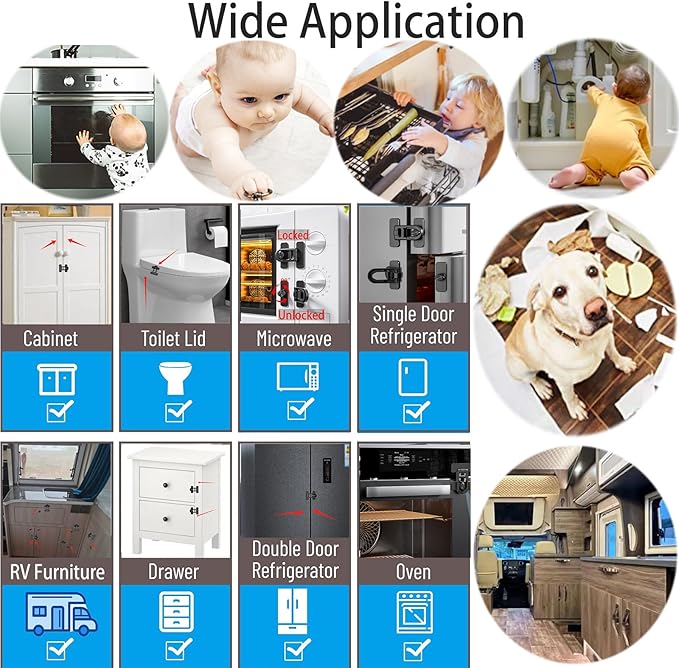 Child Safety 2-Pack Refrigerator Lock Baby Proofing for Cabinet Door Drawer Cupboard Freezer Oven Closet, 90 Degree Fridge Latches for Toddler Cat Dog Kitchen, No Drill Upgraded Adhesive